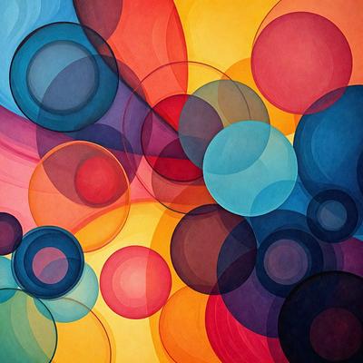 The primary subject of the image is a colorful painting featuring a variety of circles in different colors. The setting is a wall, and the visual style appears to be a combination of digital art and illustration. The dominant colors in the painting are orange, blue, and red, creating a vibrant and lively atmosphere.
